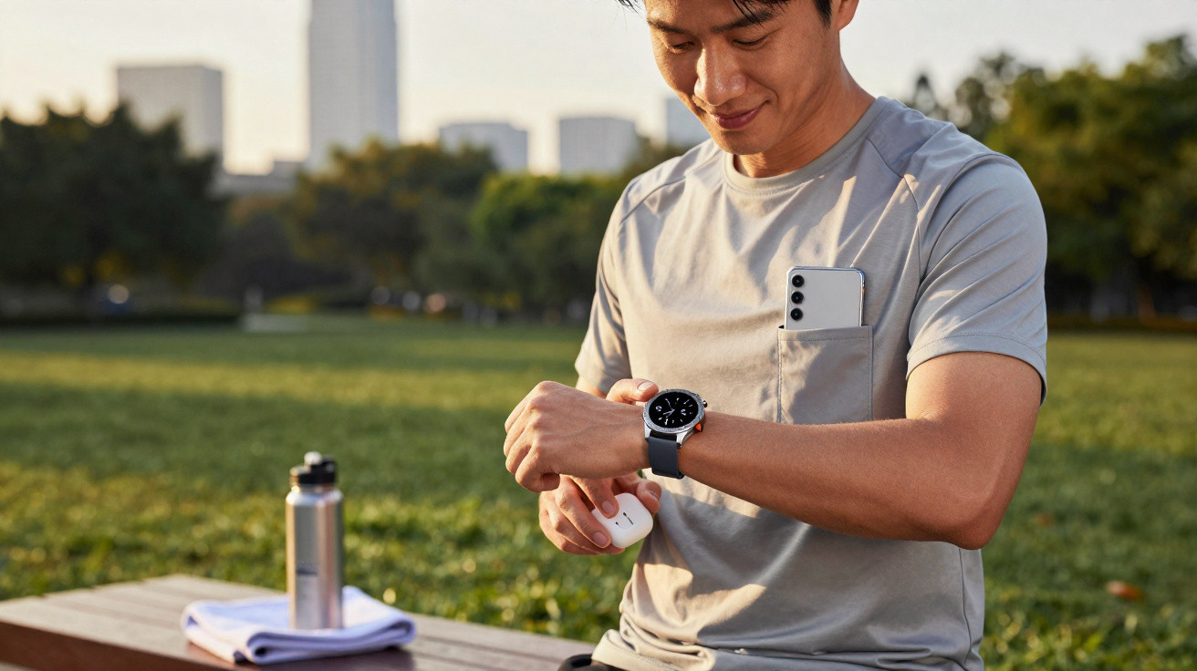 Man in grey t-shirt checks smartwatch while holding wireless earbuds in a park with water bottle and towel nearby.