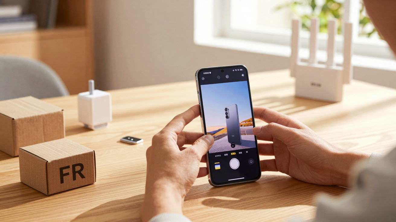 Person holding a smartphone taking a photo of another smartphone on a wooden table near window light.