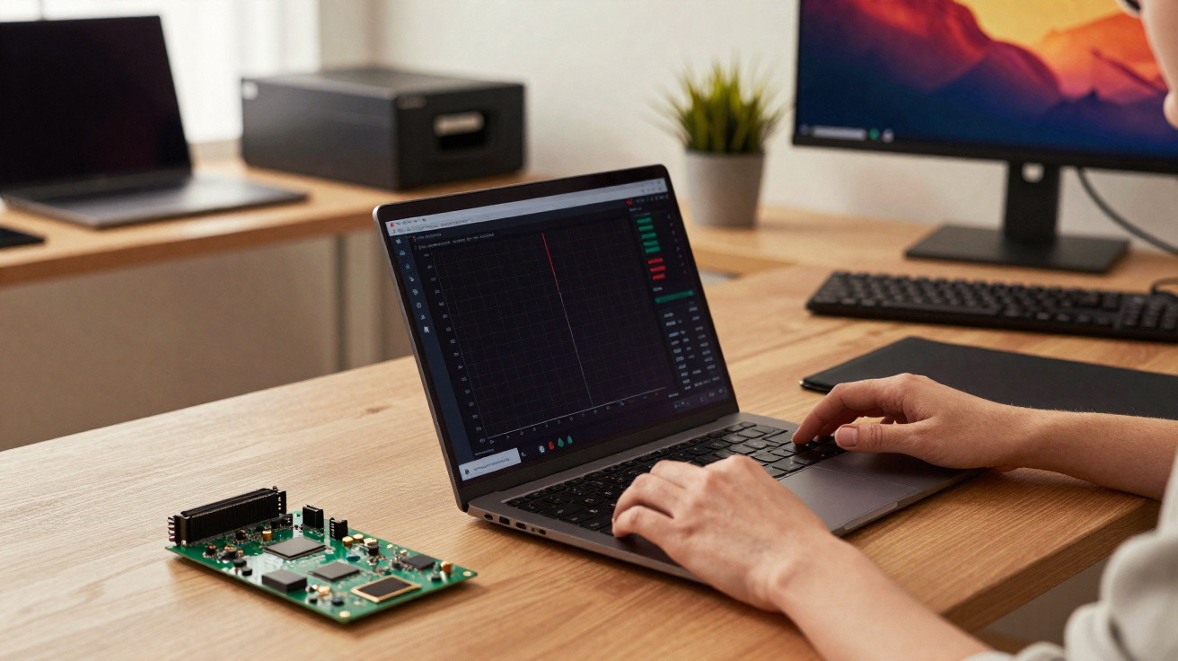 Person analysing data on a laptop with an electronic circuit board on a wooden desk in a modern workspace.
