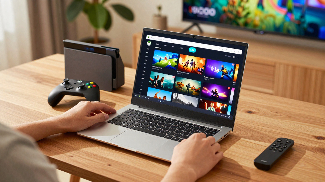 Person browsing Xbox Game Pass library on a laptop with Xbox controller, console, and TV remote on wooden table.