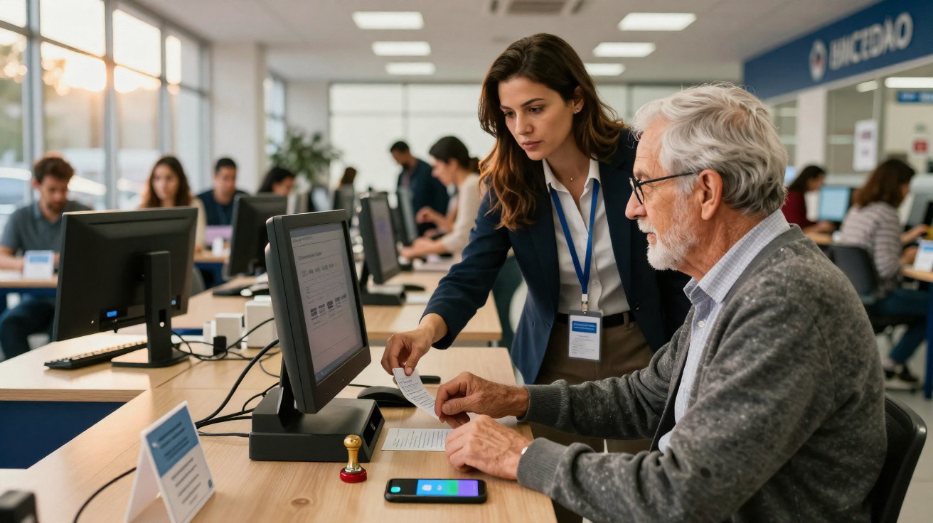 Customer service representative assisting elderly man with document at bank counter in daytime office.