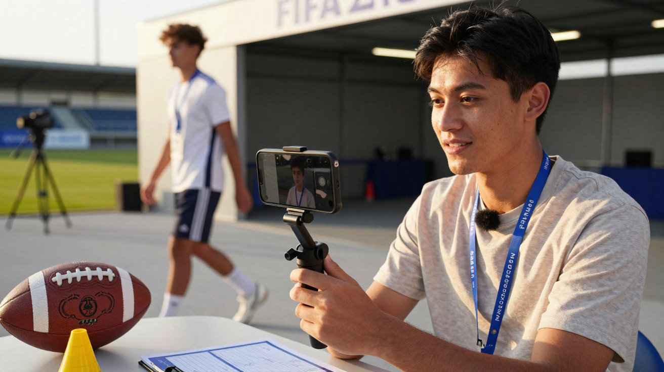 Young man recording video on smartphone at outdoor sports event with football and clipboard on table nearby