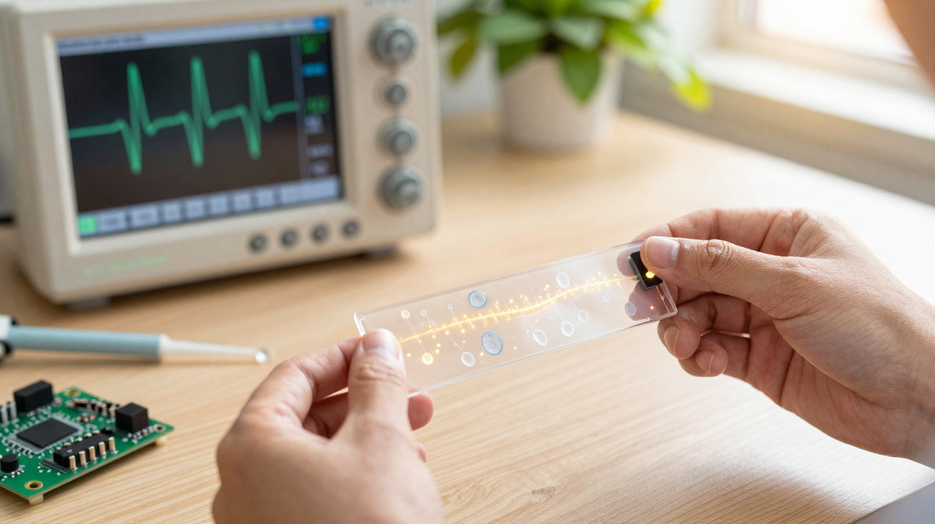 Hands holding a transparent electronic circuit board with a heartbeat monitor displayed on a nearby screen.