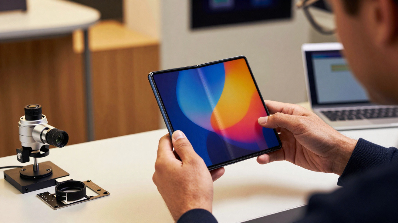 Person holding a foldable smartphone with a colourful abstract screen in a modern office setting.