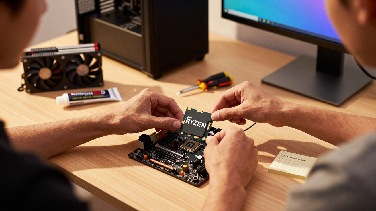 Two people installing an AMD Ryzen processor onto a computer motherboard on a wooden desk.