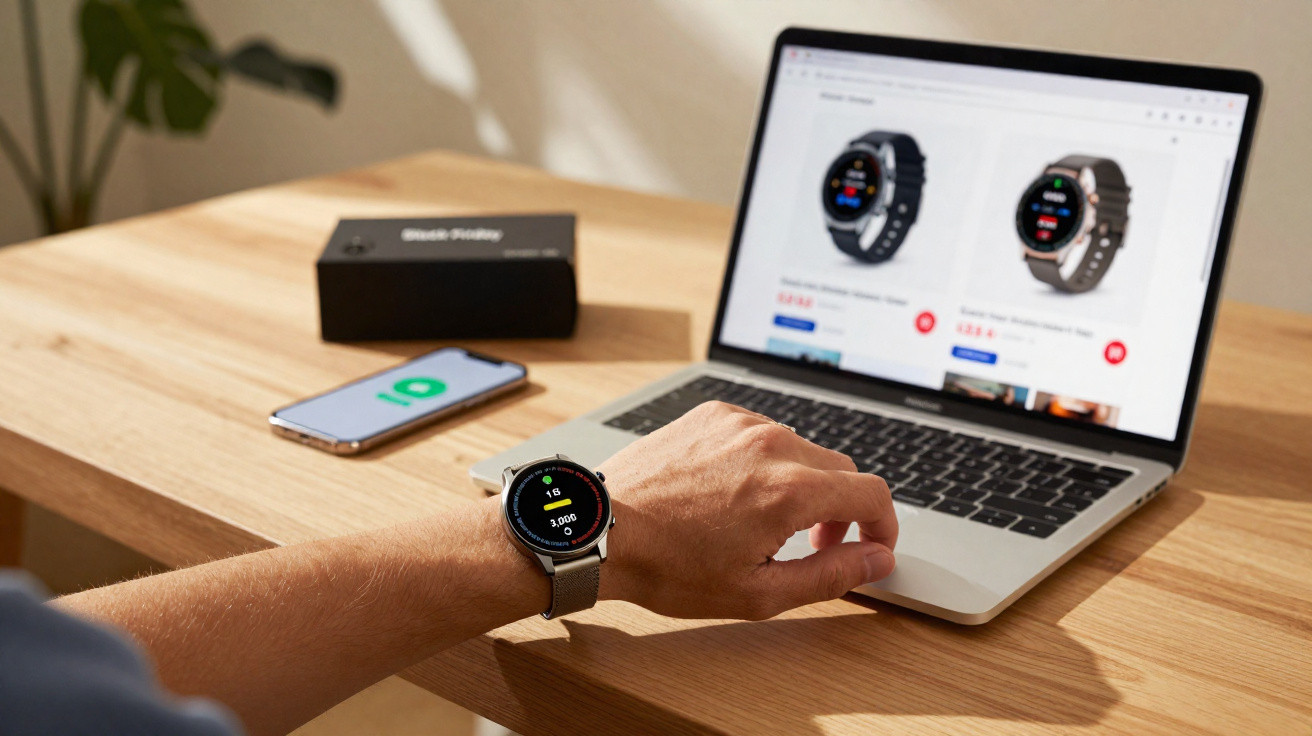 Person wearing a smartwatch browsing smartwatches on a laptop with a smartphone and box on a wooden table.