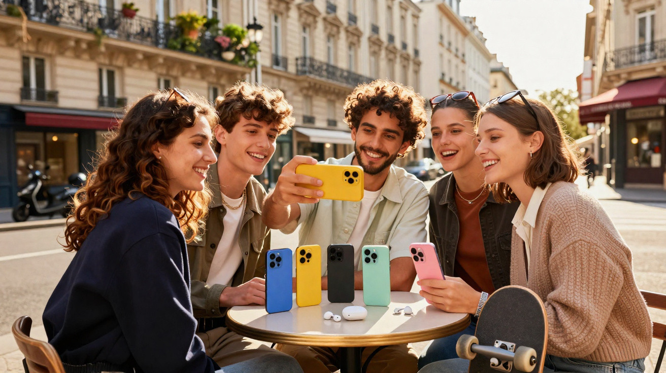 Group of five friends sitting at an outdoor café table smiling and taking a selfie with colourful smartphones.