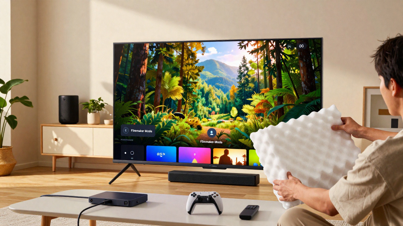 Person holding soundproof foam panel in front of a TV displaying a forest scene in a modern living room.