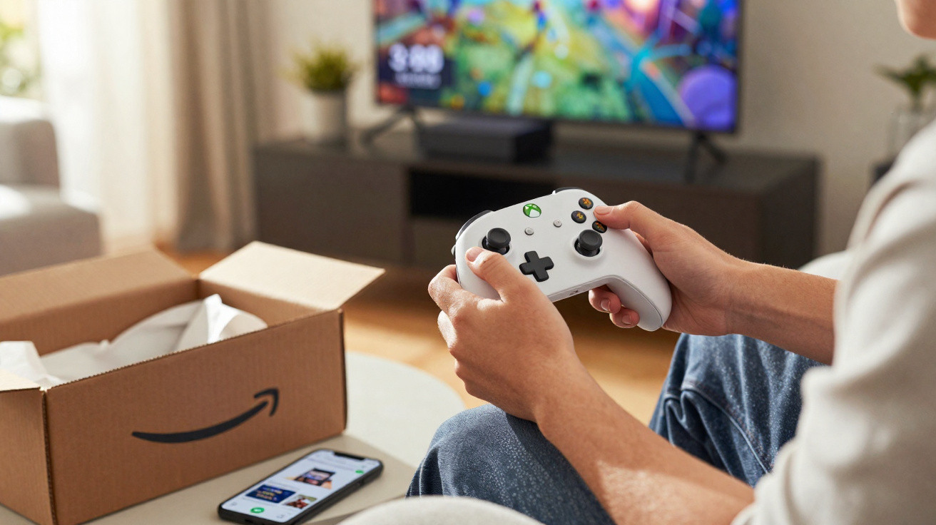 Person holding a white Xbox controller playing a video game with an Amazon box and smartphone nearby in a living room.