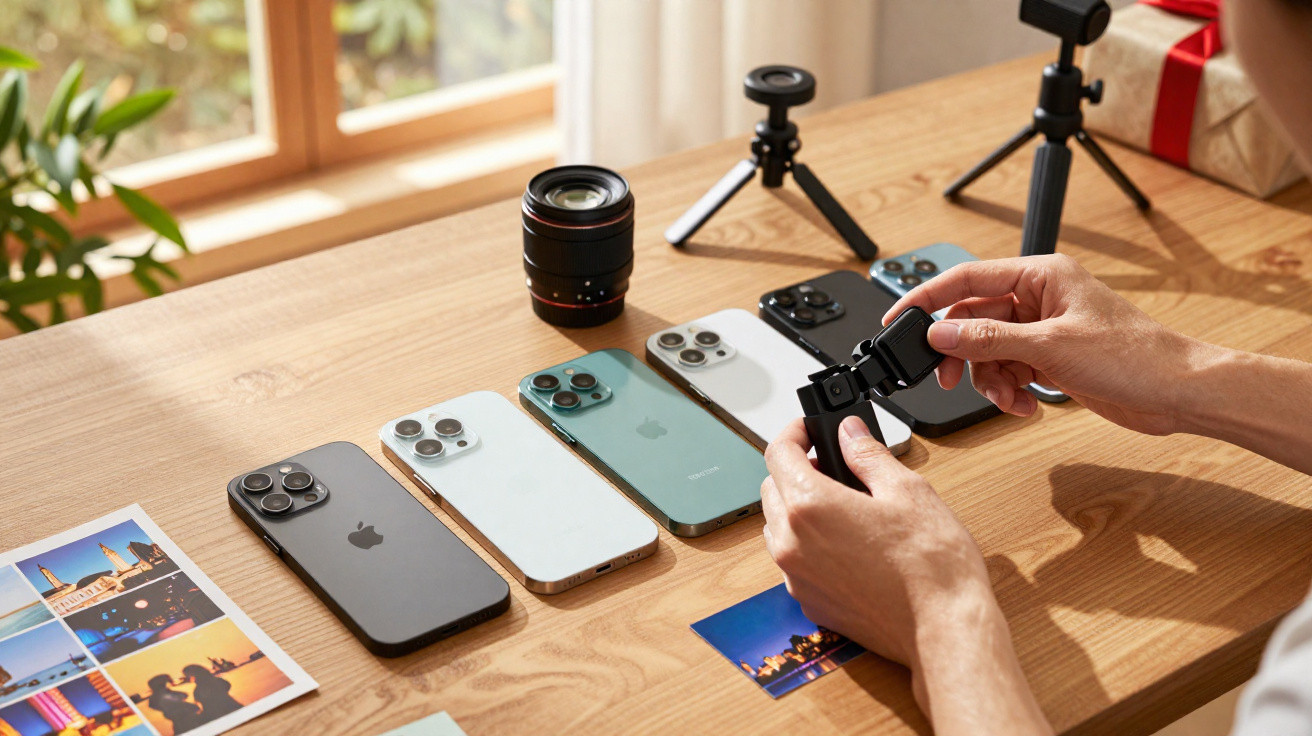 Person assembling a camera mount beside five iPhones and a camera lens on a wooden table.