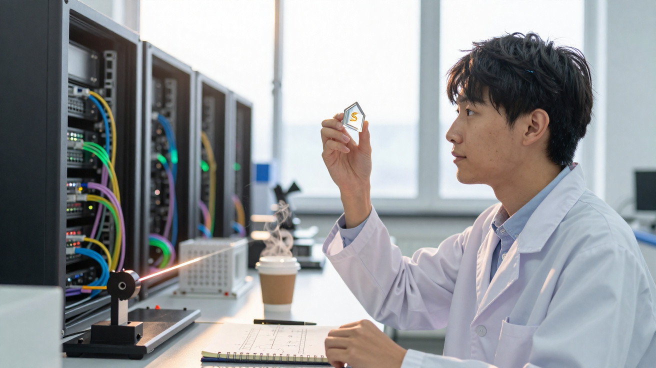 Scientist in white coat examining a chip in a tech lab with servers and laser equipment nearby.