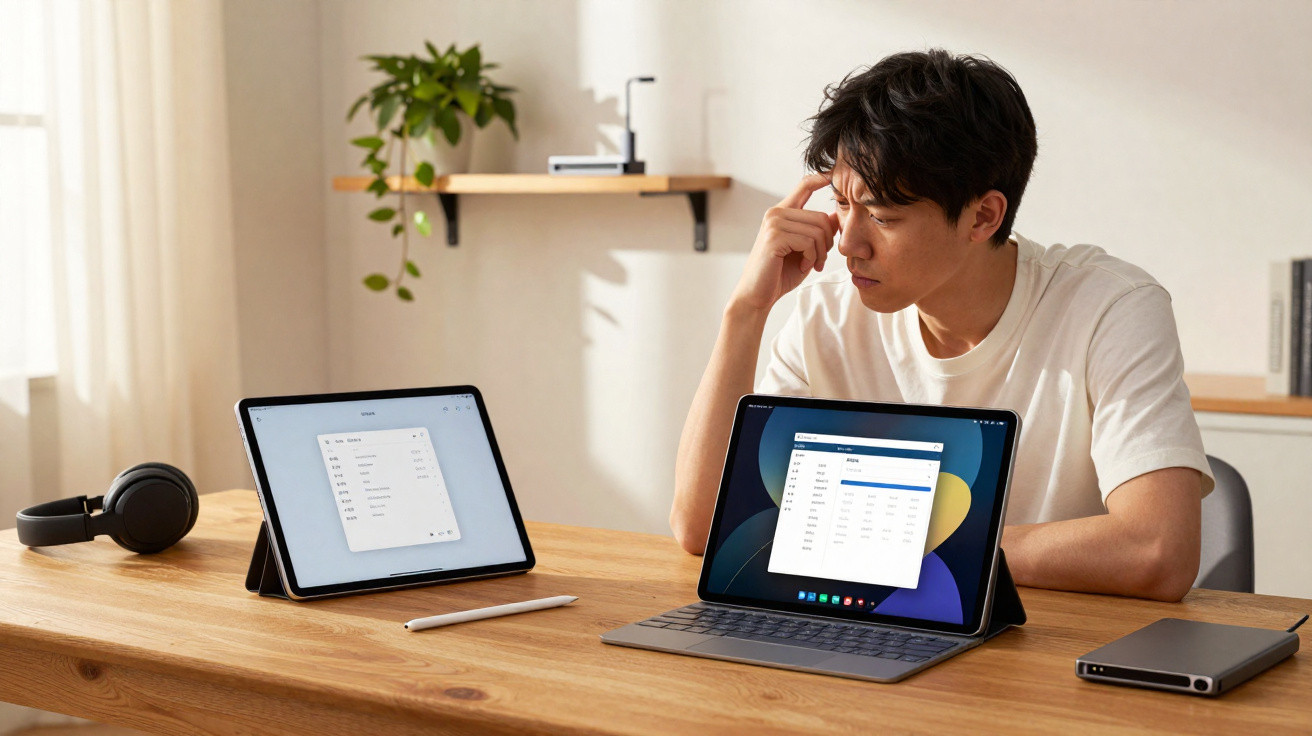 Man in white t-shirt sitting at wooden desk with two tablets, headphones, and digital pen in a bright room.