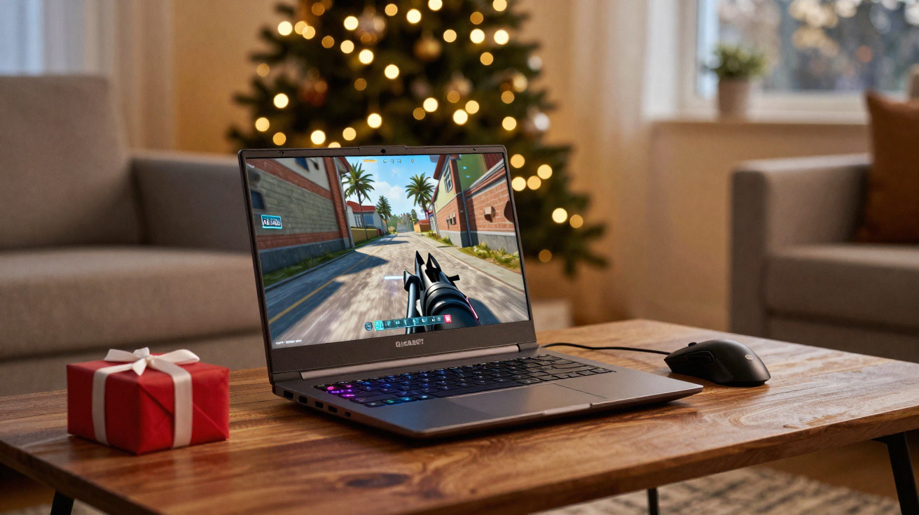 Gaming laptop displaying a first-person shooter game on a wooden table with a Christmas tree in the background.