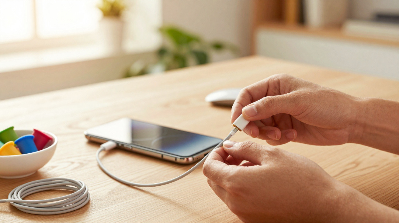 Person holding a white charging cable connected to a smartphone on a wooden table near a bowl of colourful cable organisers.