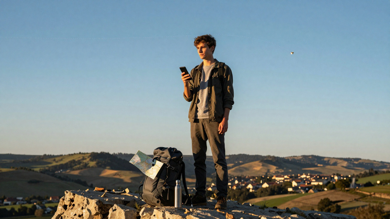 Young man standing on rocky hilltop using smartphone with backpack and map overlooking rural village at sunset.