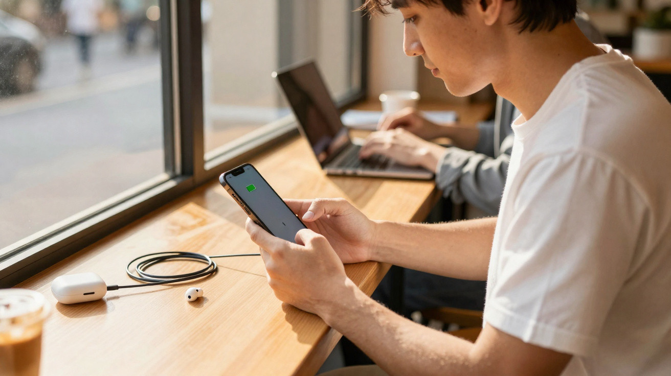 Young man in white t-shirt charging phone and sitting by a window in a café with a laptop nearby.