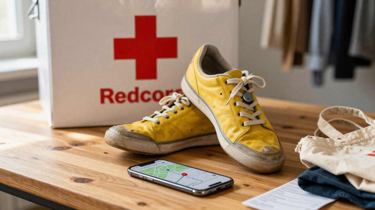Worn yellow trainers on a wooden table with a phone showing a map, a Red Cross box, and a canvas bag nearby.