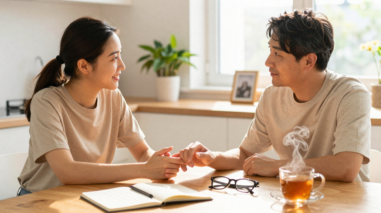 Couple sitting at a table holding hands, smiling, with notebook, glasses, and steaming tea cup nearby.
