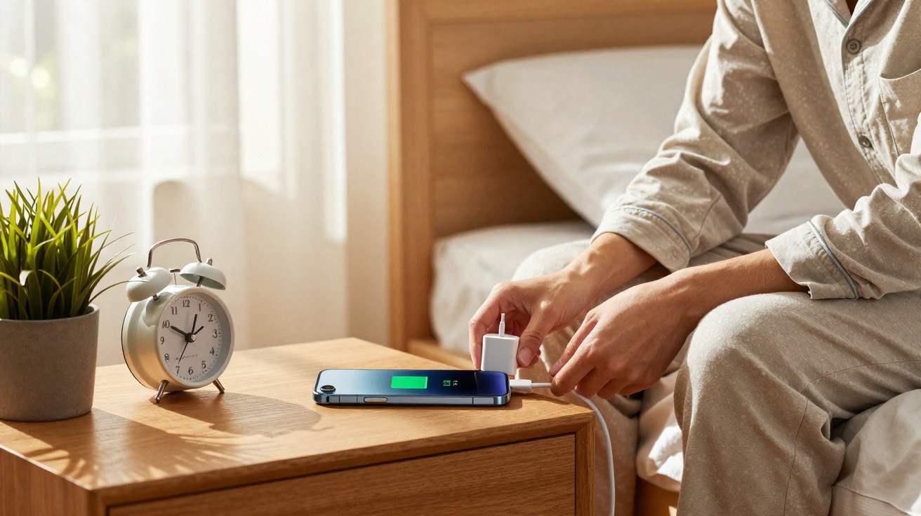 Person plugging a charger into a smartphone on a wooden bedside table with an alarm clock and plant.
