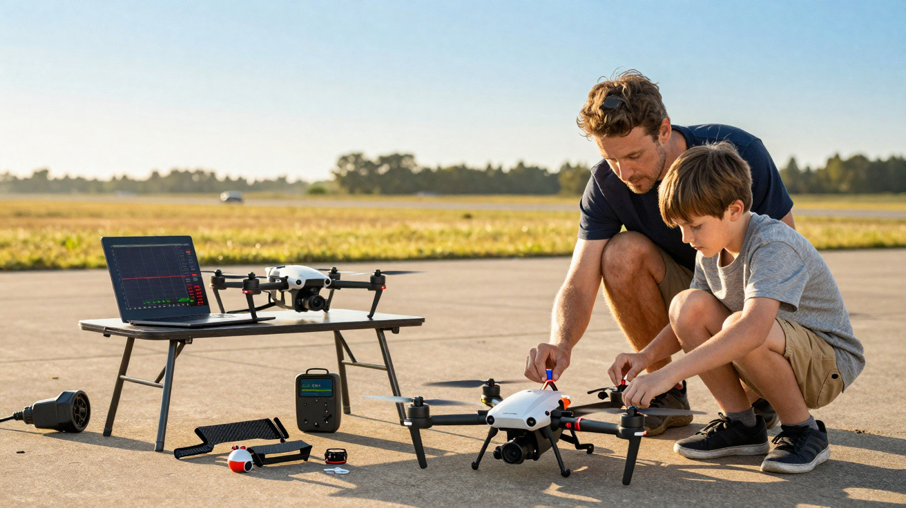 Man and boy setting up a drone on an airfield with a laptop and drone equipment on a small table nearby.