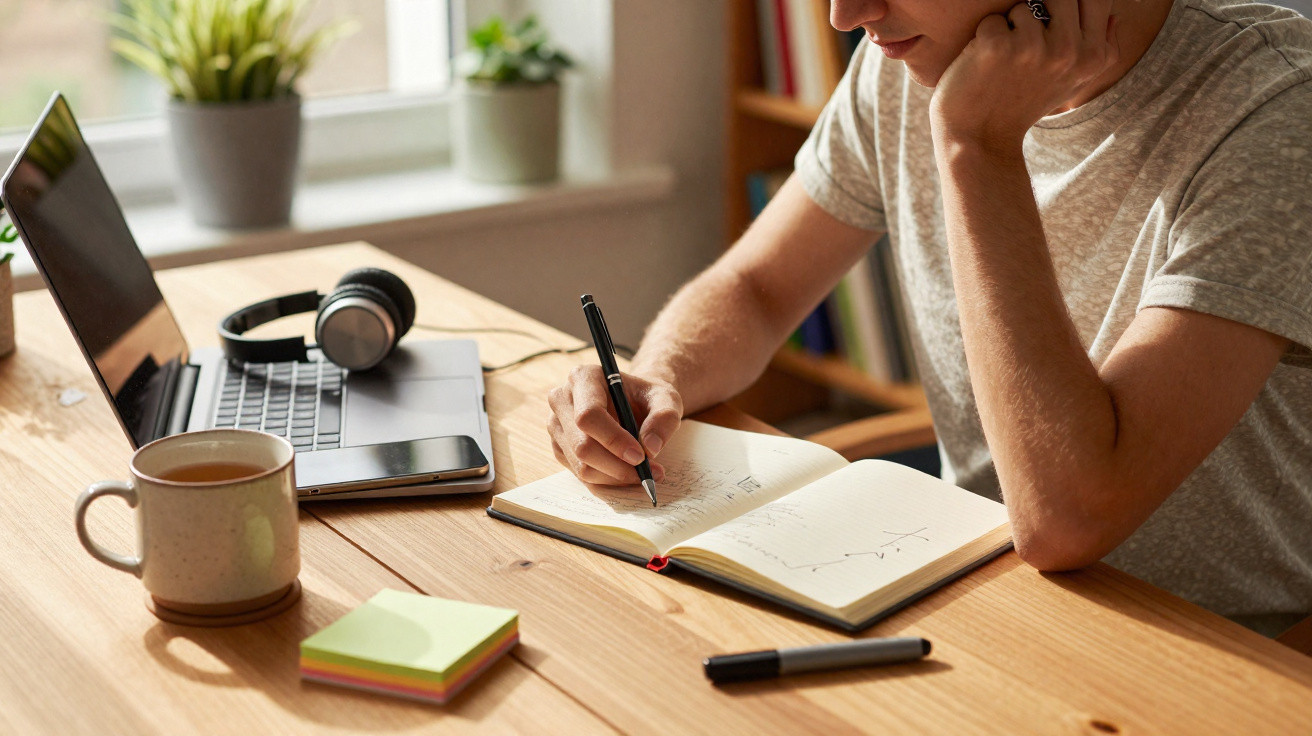 Person writing notes in a notebook at a wooden desk with laptop, headphones, coffee, and sticky notes nearby.