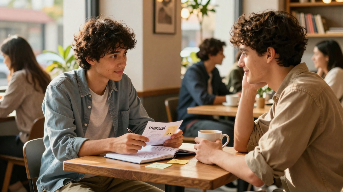 Two young men studying together at a café table with books and a coffee cup.
