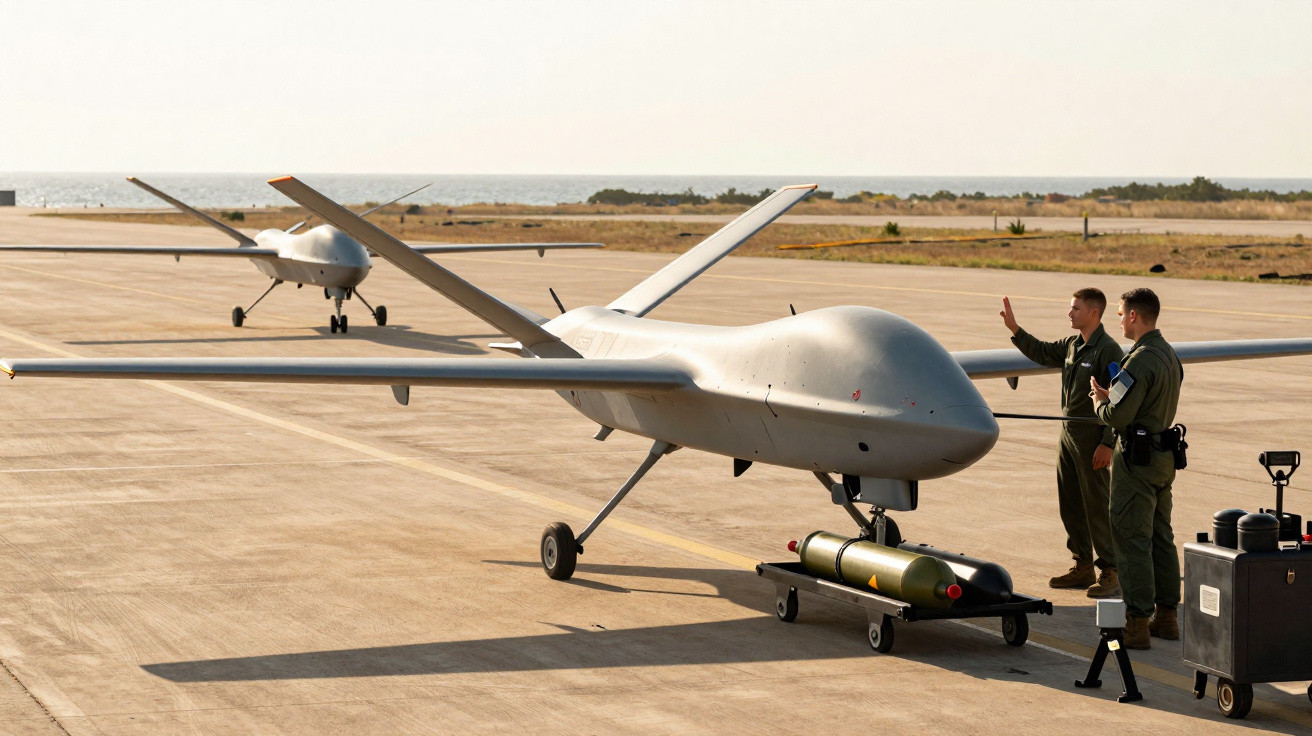 Two military personnel inspect a drone preparing to load a missile on an airstrip near the sea.