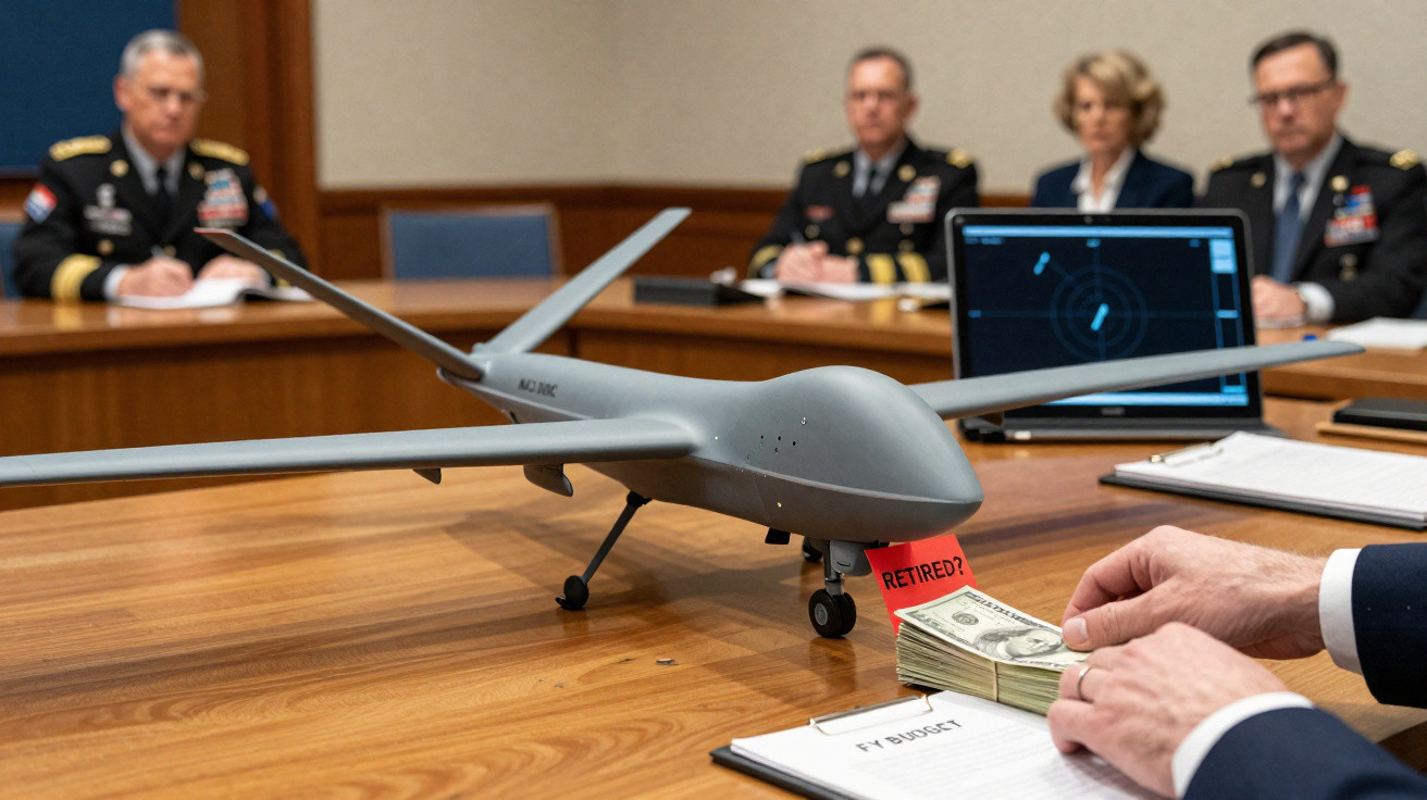 Model drone on table with a "RETIRED?" tag as military officials discuss budget in the background.