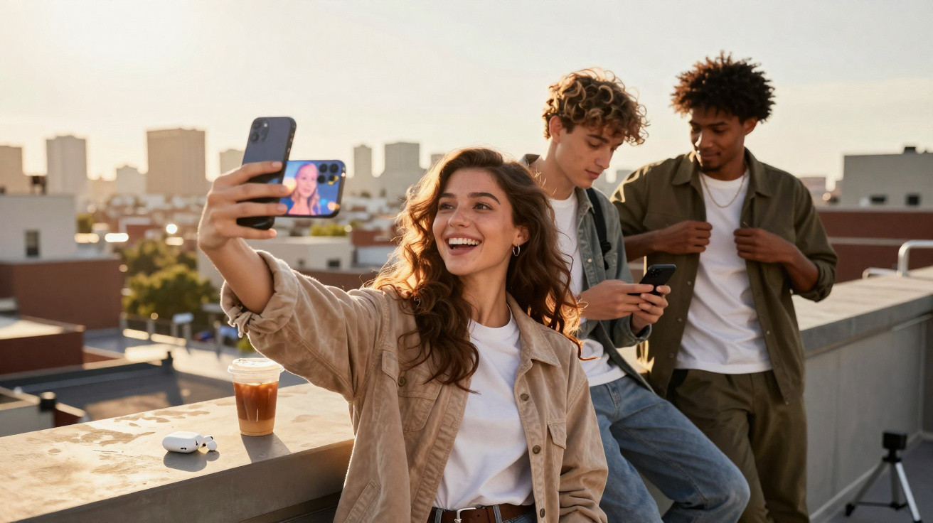 Three young adults on a rooftop at sunset, one woman taking a selfie with two men in the background.
