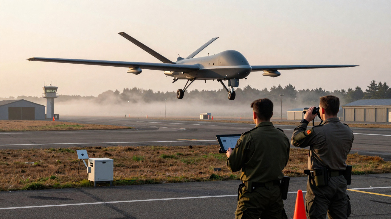 Military drone landing at airfield while two soldiers monitor with tablet and binoculars during early morning.
