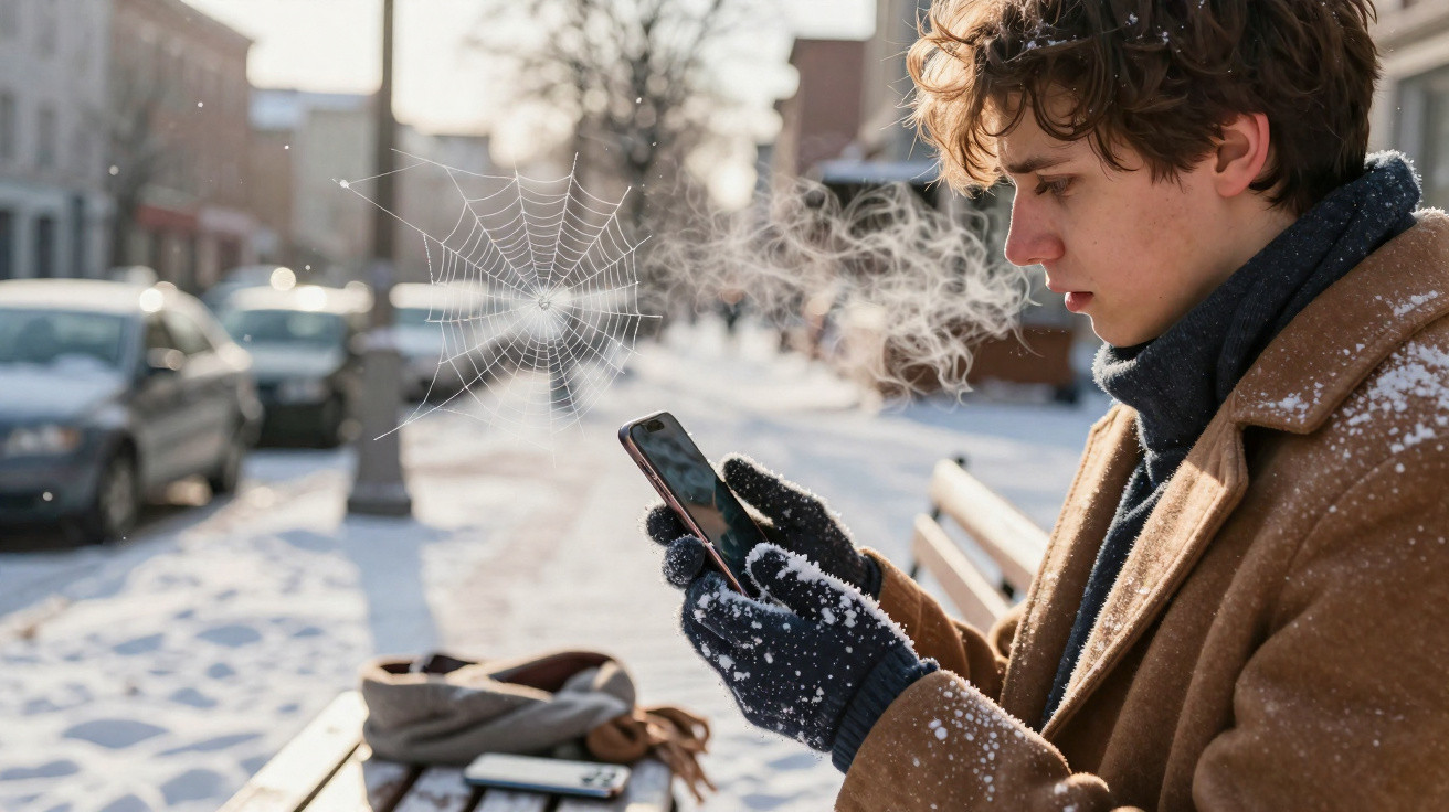 Young man in winter coat and gloves using smartphone on snowy bench on a cold day with visible breath.