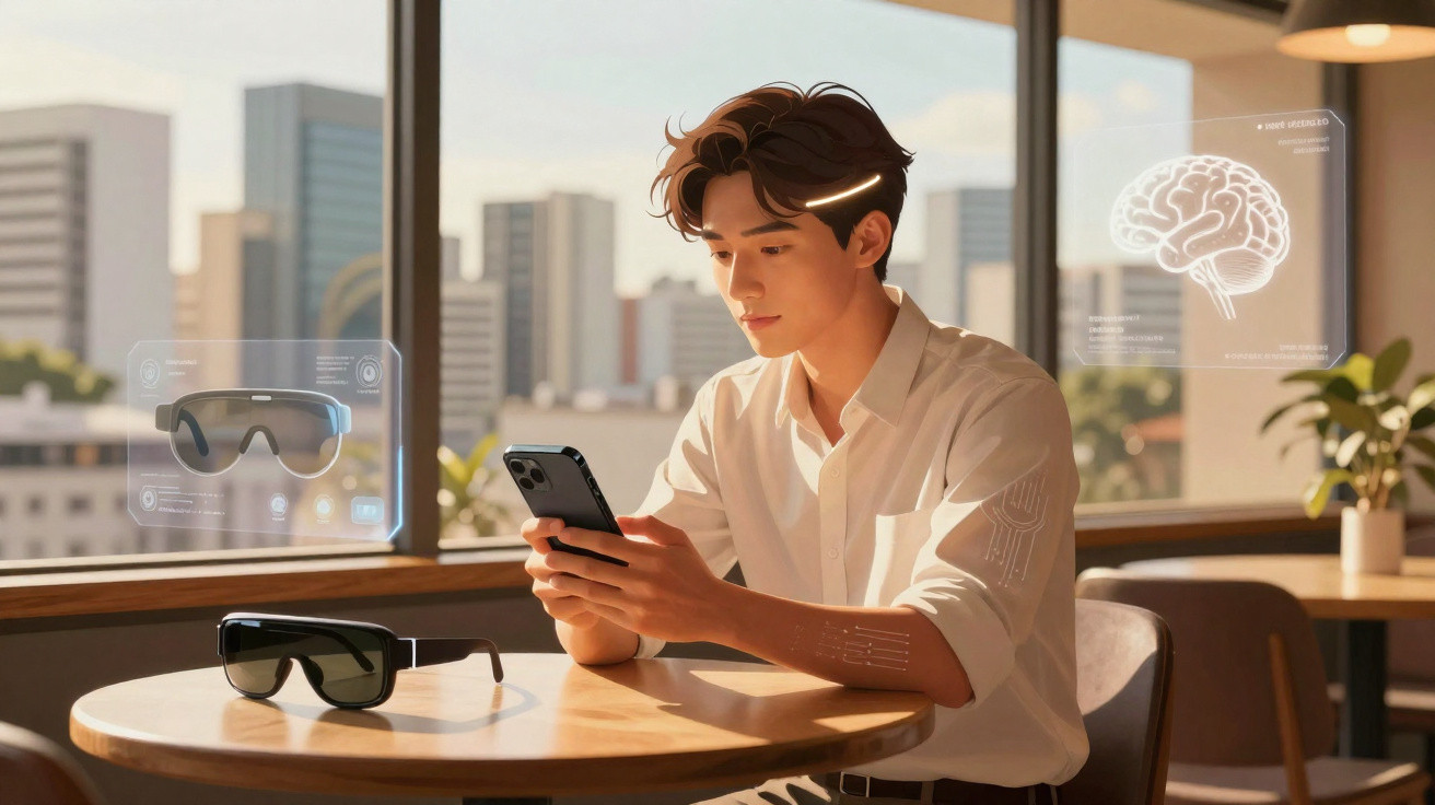Young man in white shirt using smartphone at table with smart glasses and digital brain graphic in background.