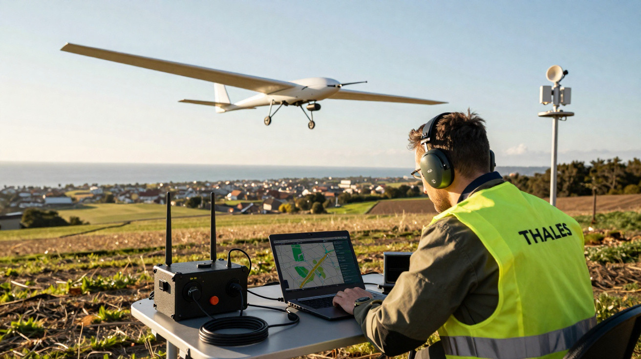 Person in a high-visibility vest operating a drone with a laptop outdoors near farmland and a town.
