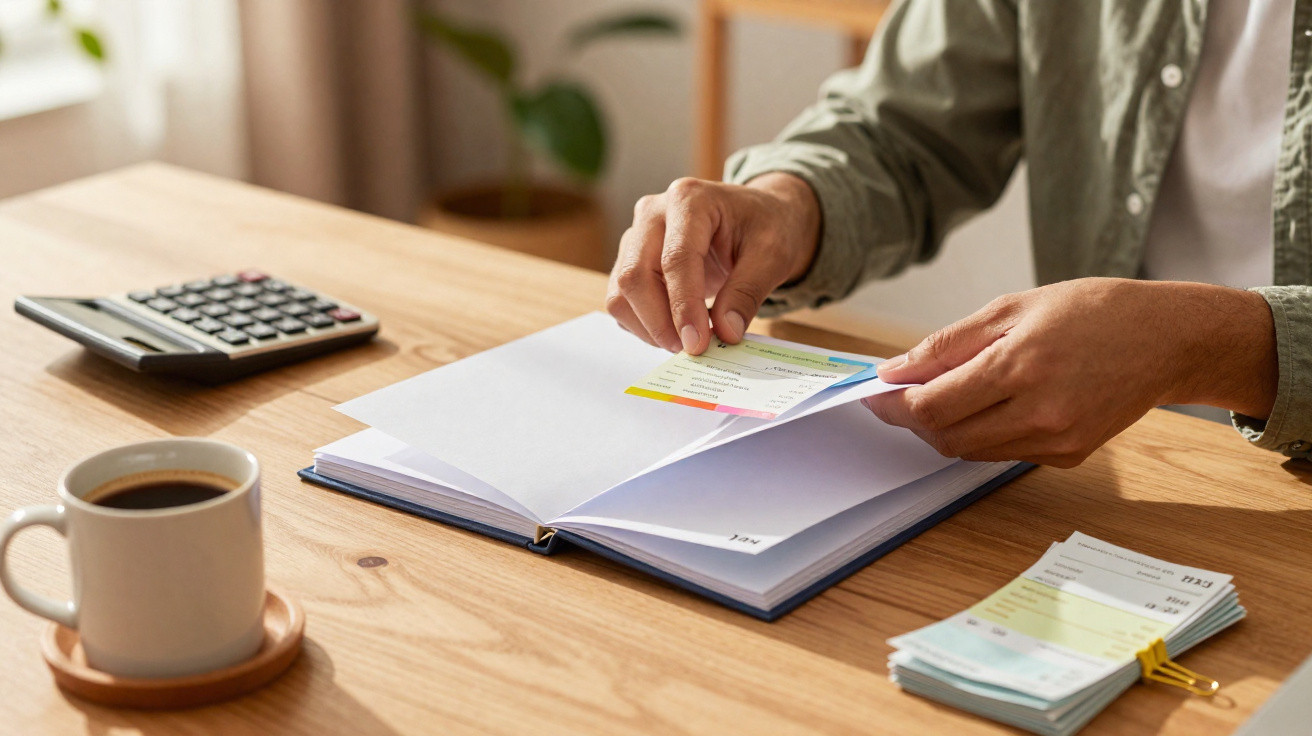 Person organising bills and receipts in a folder on a wooden desk with calculator and coffee cup nearby.