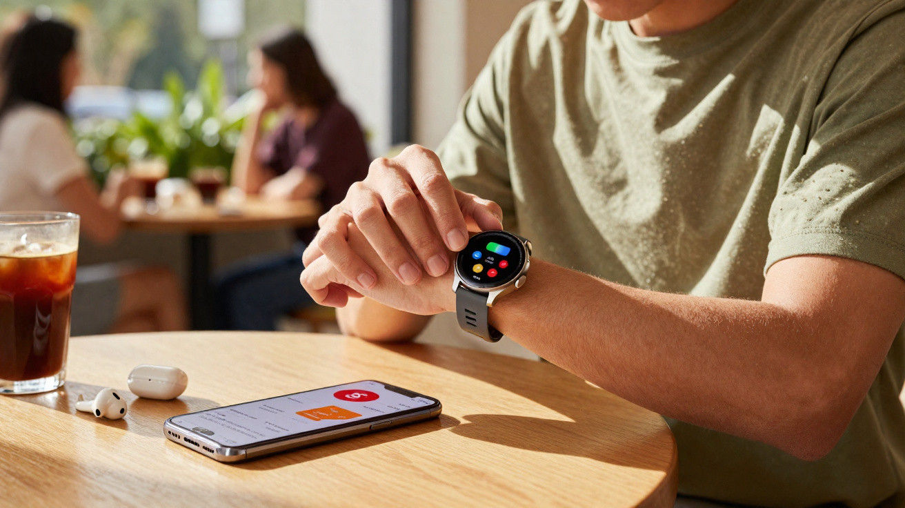 Person interacting with a smartwatch at a wooden table with a smartphone, wireless earphones, and iced drink nearby.