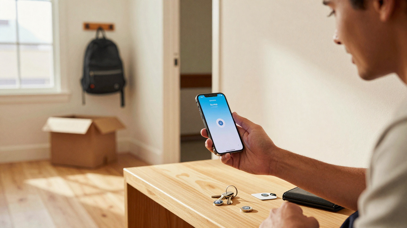 Person holding smartphone showing a smart home app, with keys, wallet, and a backpack in a sunlit room.