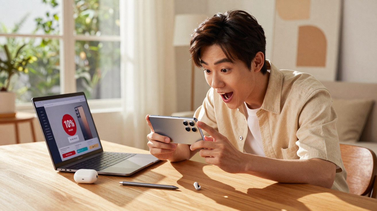 Young man excitedly playing on smartphone at a wooden table with laptop and wireless earbuds nearby.