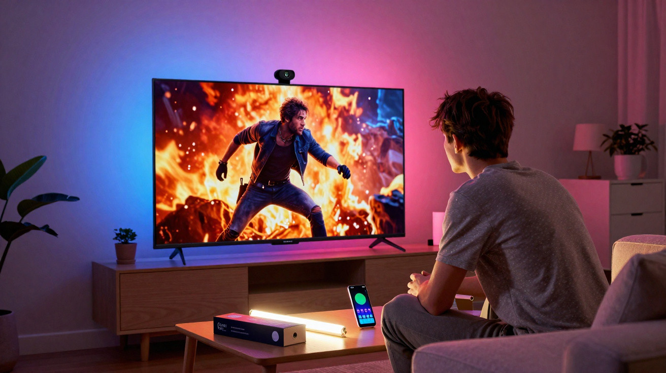 Person playing video games on a large TV screen showing an action scene with fire and explosions.