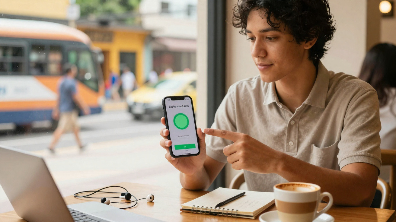 Young man sitting at a café table showing a phone screen with a green circle and text, notebook and coffee nearby.