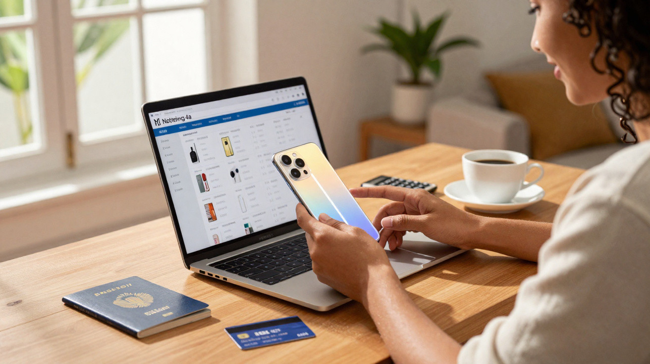 Person holding a smartphone while browsing tech products on a laptop at a wooden desk with a passport and coffee.