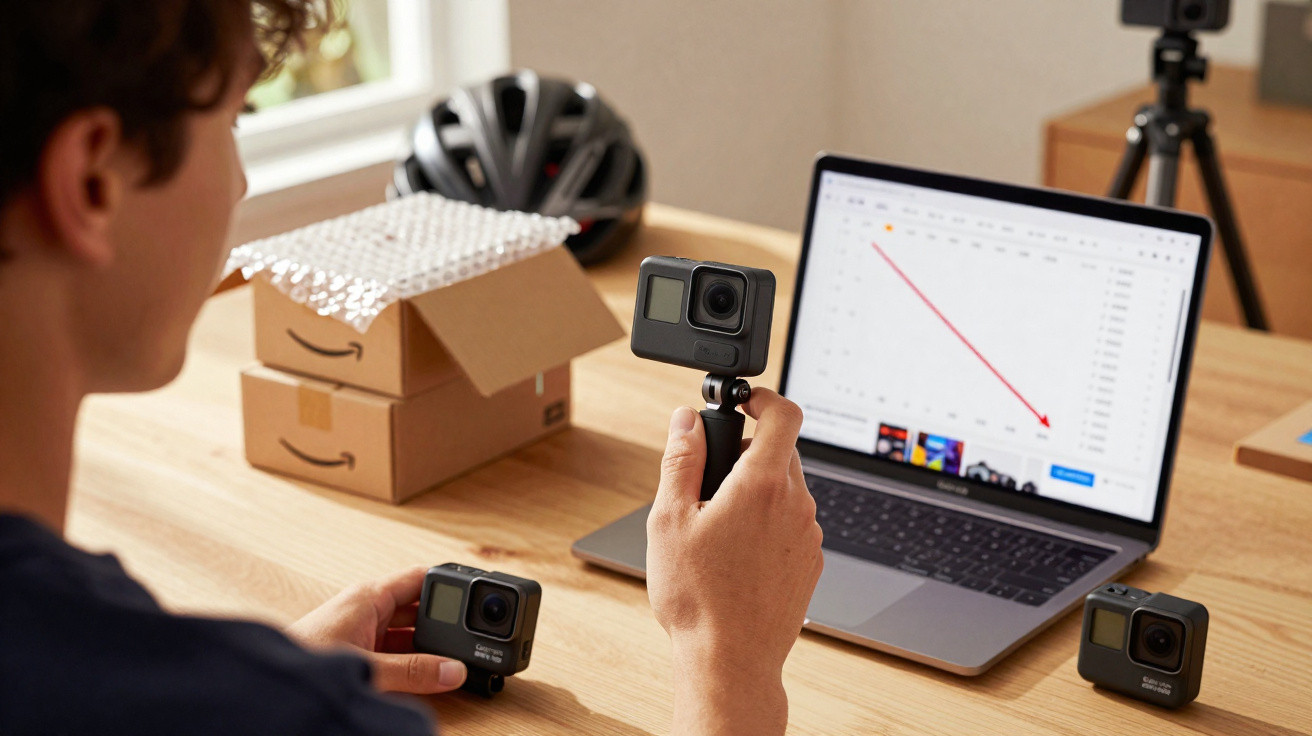 Person holding a GoPro camera in front of a laptop showing a downward trending graph on a wooden table.