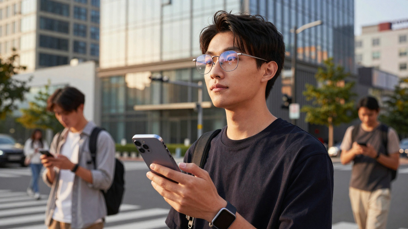 Young man wearing glasses and a smartwatch looks away while holding a smartphone on a city street.