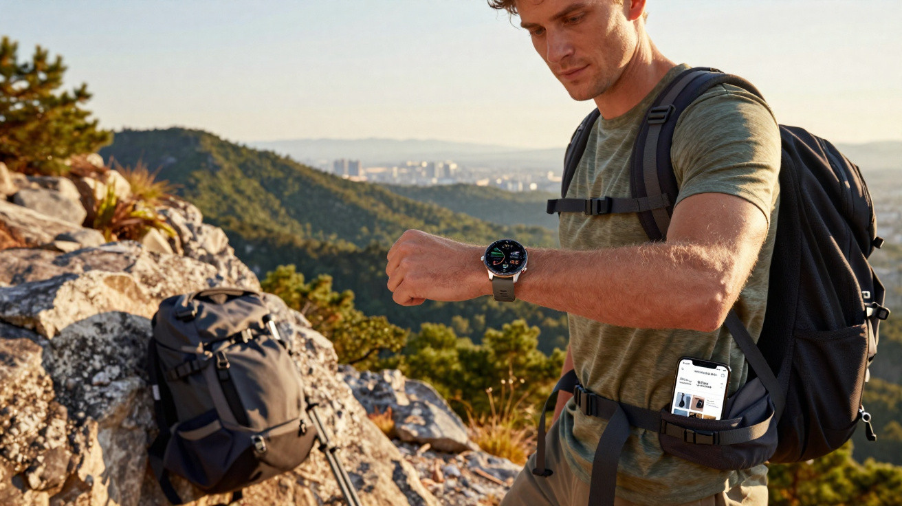 Man with backpack checking smartwatch on a rocky mountain trail with forest and city in the background.