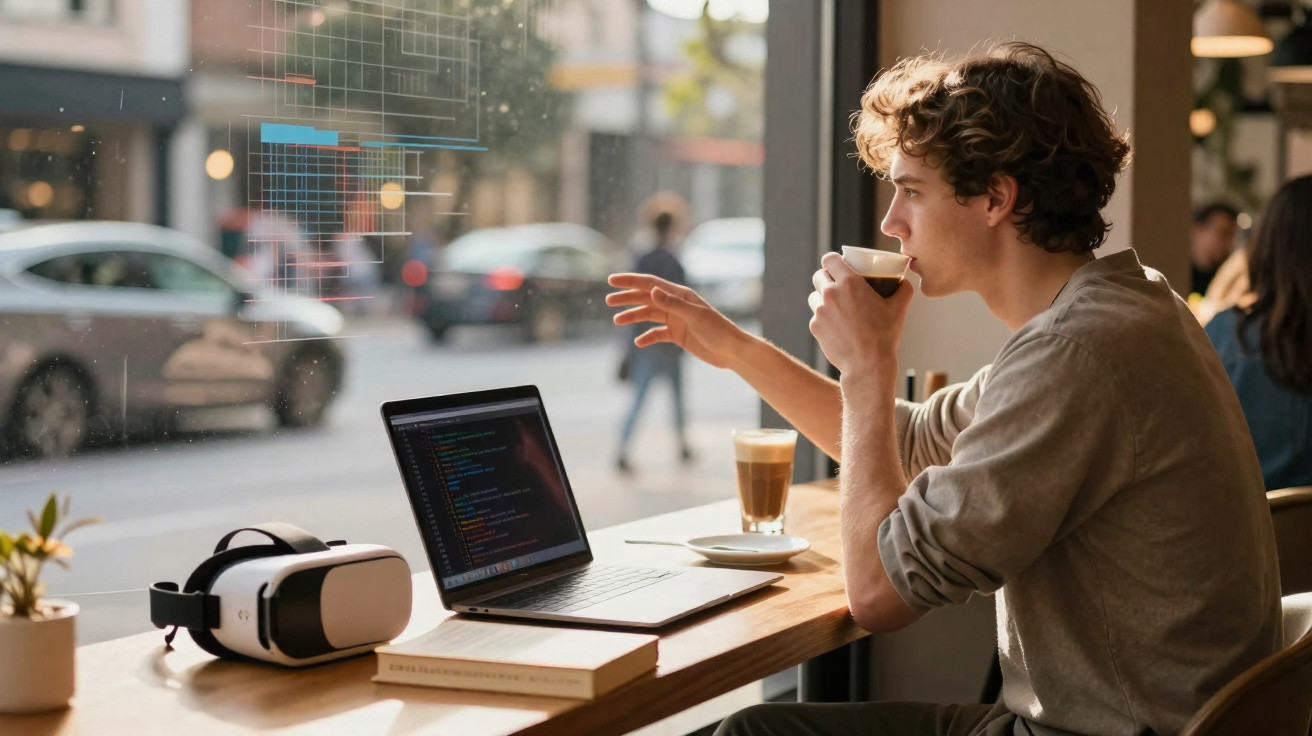 Young man drinking coffee while coding on laptop in a café with VR headset and a latte on the table.
