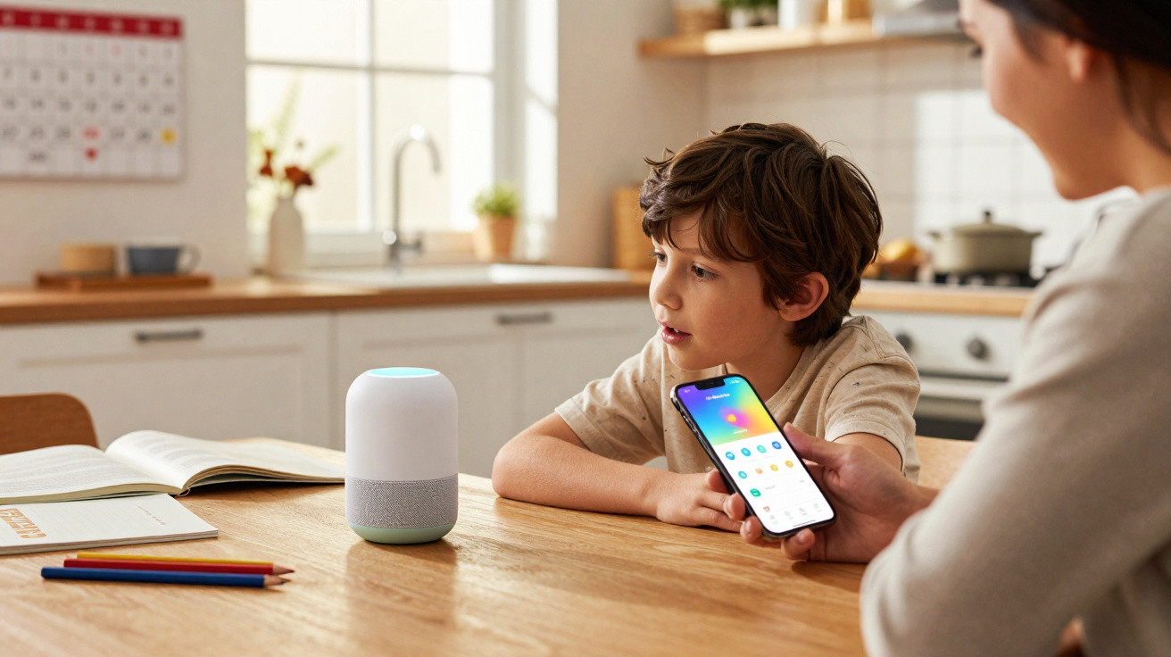 Child sitting at a table watching a smart speaker while an adult holds a smartphone with a smart home app.