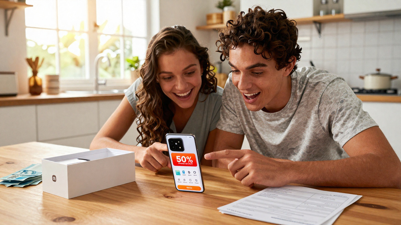Happy couple looking at a smartphone showing a 50% off promotion while sitting at a kitchen table.