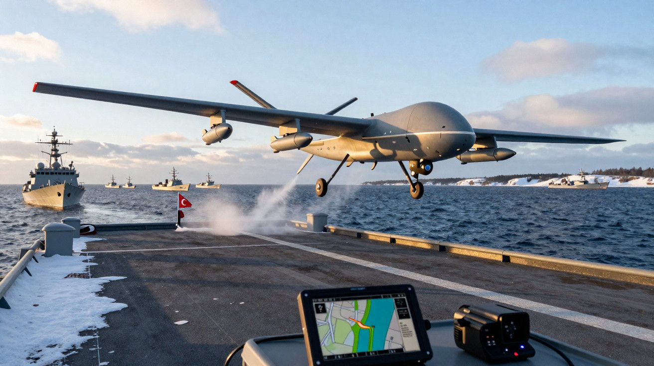 Military drone taking off from a ship with warships and snowy coastline in the background at sunset.