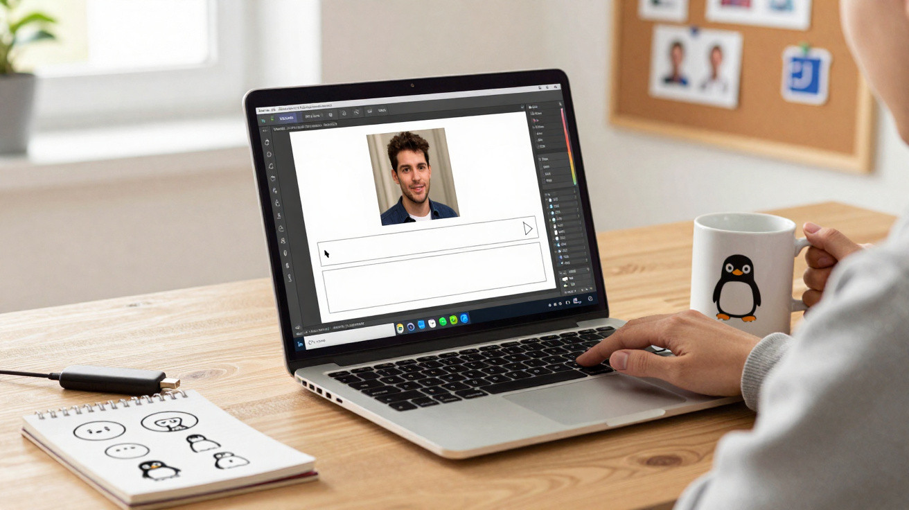 Person using laptop with graphic design software, penguin-themed mug, and notebook with penguin sketches on desk.