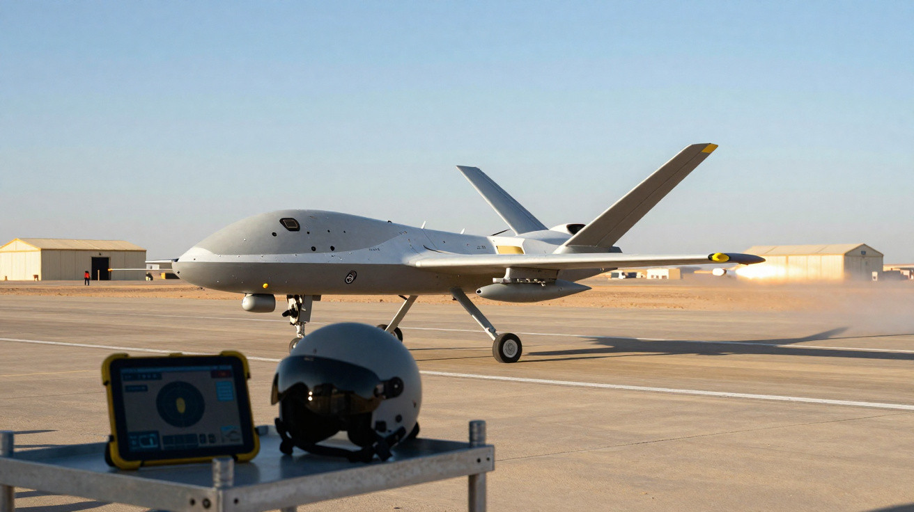Military drone taxiing on runway with pilot helmet and control tablet in the foreground at desert airbase
