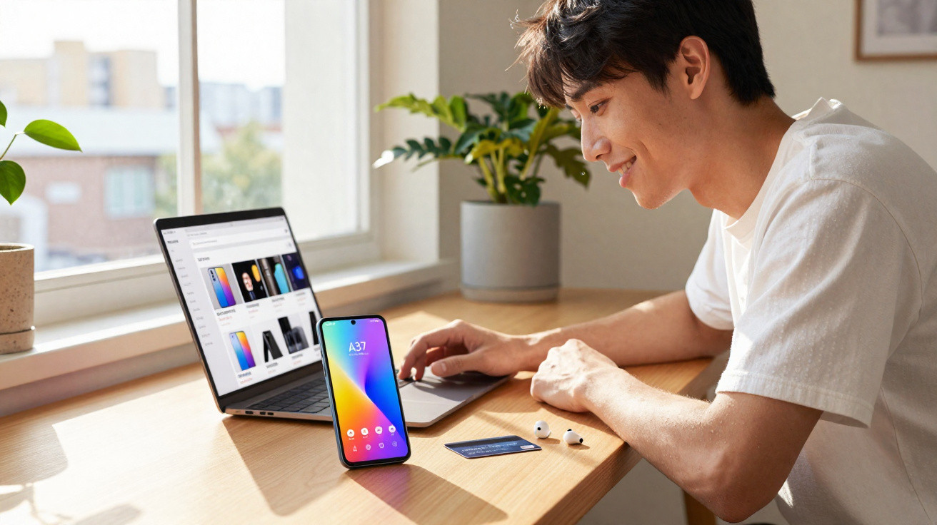 Young man using a laptop at a wooden desk with a smartphone, wireless earbuds, and a credit card nearby.